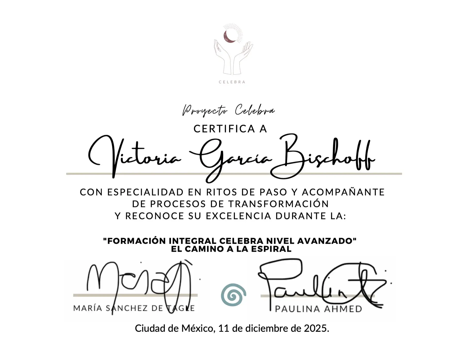 Certificado de Proyecto Celebra a Victoria García Bischoff con especialidad en ritos de paso y acompañamiento de procesos de transformación, diciembre de 2025