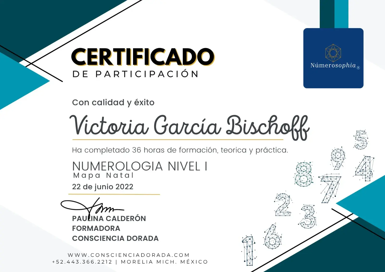 Certificado de participación de Númerosophia a Victoria García Bischoff por 36 horas de formación en numerología nivel I, mapa natal, junio de 2022