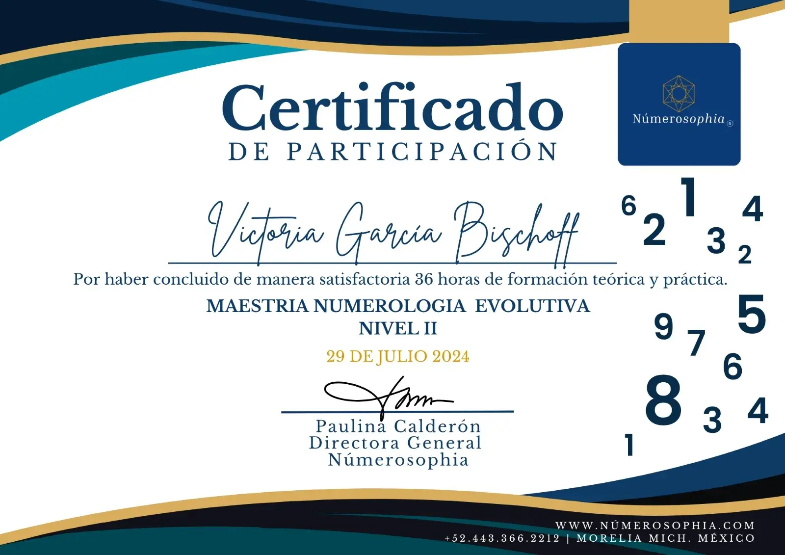 Certificado de participación de Númerosophia a Victoria García Bischoff por 36 horas de la maestría en numerología evolutiva nivel II, julio de 2024