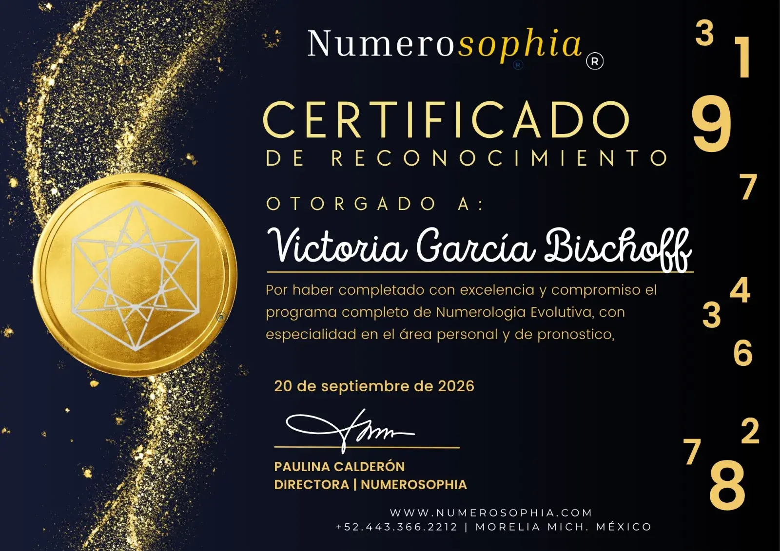 Certificado de reconocimiento de Númerosophia a Victoria García Bischoff por el programa completo de numerología evolutiva, con especialidad en el área personal y de pronóstico, septiembre de 2026